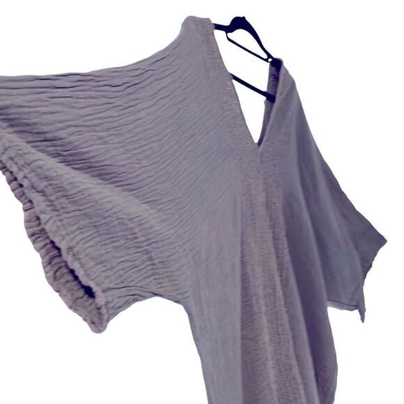 Bohemian lagen look textured crinkle double V-neck neutral tunic OS - Picture 3 of 8